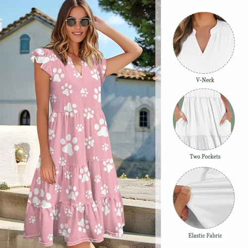 Image of Women's Casual Ruffle Sleeve Dress V Neck Pullover Dress Flowy A-Line Pleated Lightweight Dress with Pockets