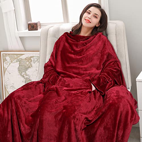 VOTUKU Coperta in Flanella con Maniche e Tasche, Coperta per Letto Singolo in Microfibra con Borsa a Compressione Riutilizzabile, Morbida Multifunzionale per Divano, Letto, Viaggi (Rosso)