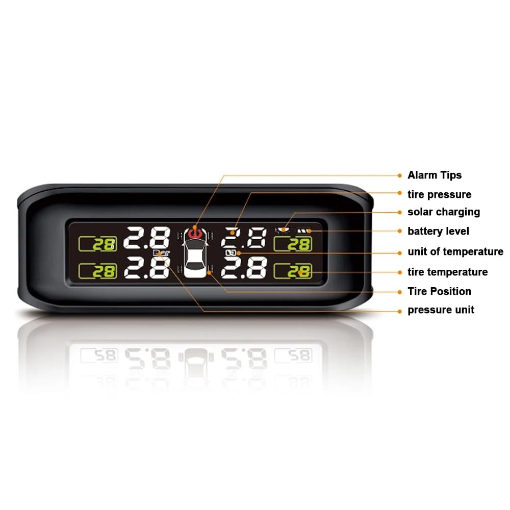 Wasserdichtes kabelloses Reifendruckkontrollsystem mit 4 Sensoren, externe Ventilalarmfunktion mit LCD-Display, TPMS Universal-Autodetektor