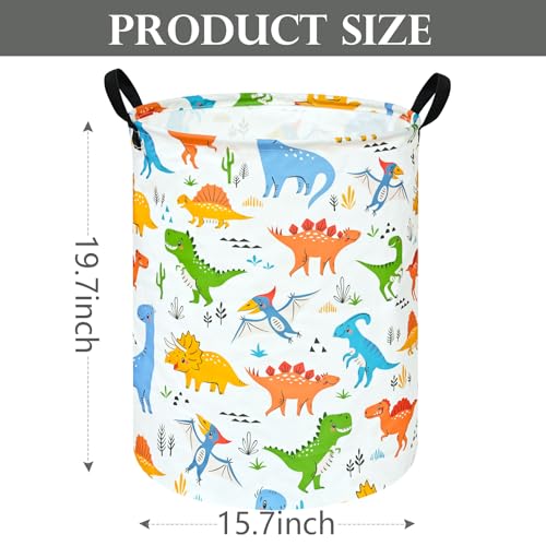 Image of Round Dinosaur Pattern Laundry Hamper Clothes Storage Basket Fabric Storage Hamper Organization Storage Bin, Nursery Box,Gift Basket with Handles