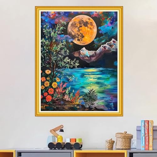 Image of Magxvouy Cross Stitch Kits Stamped Full Range of Embroidery Kits,Cross Stitch Patterns Needlework Kits for Beginners 11CT Printed Kits&Moon Night Scene 16x20 inch