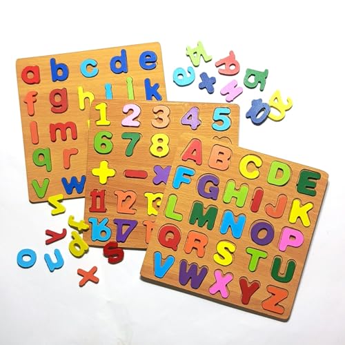 Image of ABC Wooden Pegged Puzzle Set of 3- Uppercase, Lowercase Letters & Numbers Learning Toy for Kids | Educational Alphabet & Number Matching Game | Montessori Wooden Peg Puzzle for Toddlers & Preschoolers