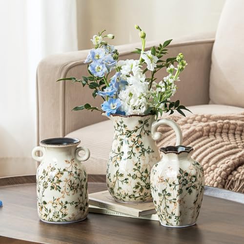 Image of Ceramic Flower Vases Set of 3 | Green Rustic Farmhouse Vase Set for Home Decor, Vintage Floral Decorative Vase for Living Room & Kitchen, Mantel & Bookshelf, Centerpieces, Entryway(5.7+5.9+7.1Inch)