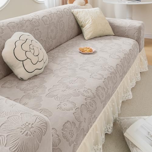 Image of HOKIPO 'Floravelle' 200gsm Knitting Jacquard Elastic 3 Seater Sofa Cover with Frill, Pastel Grey (AR-6031-LGRY)