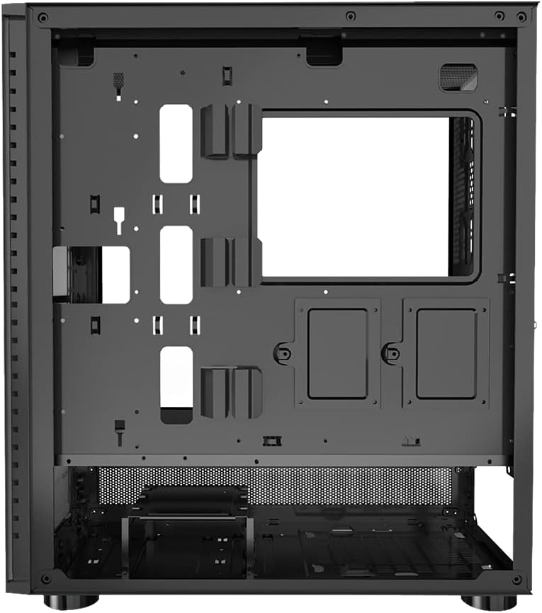 Interior view of the PCCOOLER Master IE200 case with the side panel removed, showing the motherboard tray and fan mounts.