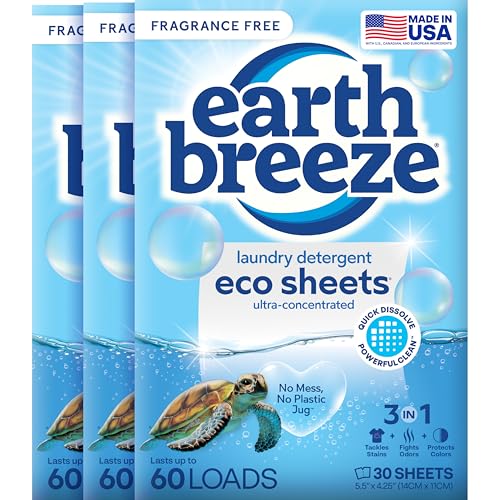 Earth Breeze Laundry Detergent Sheets Fragrance-Free - 180 Loads Eco Liquidless Soap - Travel-Friendly for Hot & Cold Cycles, Tackles Tough Stains & Odors - Gentle on Sensitive Skin, 90 Ct (3 Pack)