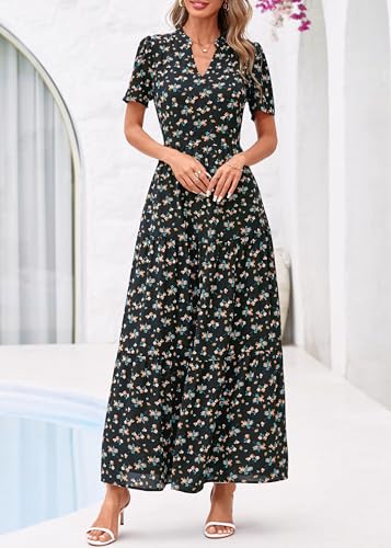 Image of KIRUNDO Womens Floral Boho Flowy Maxi Dress | Short Sleeve, V Neck, Empire Waist, A Line, 2026 Summer Beach Vacation Long Dresses With Pockets, Cocktail Party Outfits