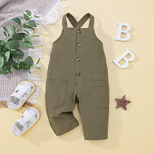 Aeemcem Toddler Baby Boys Girls Overalls Solid Color Waffle Knit Suspender Pants Strap Jumpsuit Romper Fall Winter Outfit (Army Green, 2-3 Years) #TOP1