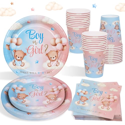 Gender Reveal Decoration Bear Plates and Napkins 96Pcs Teddy Bear Baby Shower Plates Cups and Napkins Blue and Pink Baby Gender Reveal Decorations Boy or Girl Party Supplies for 24 Guests