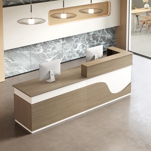 Nuipesn Modern L Shape Reception Desk – Wood and White Front Desk Counter with Storage, Contemporary Office Reception Table for Lobby, Salon, and Showroom (White+Natural/Left, 71' L × 24' W × 39' H)