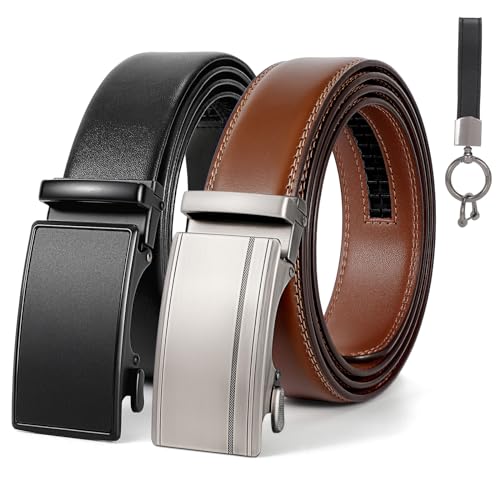 SANSTHS 2 Pack Ratchet Leather Belts for Men, Black & Brown Faux Leather Men Belts for Casual Business Dress Belt