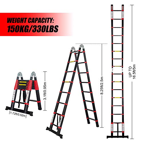 BEETRO 16.5ft Aluminum Telescoping Ladder, A Type Portable Telescopic Extension Ladder for Outdoor Working, Household Use and More, 330lb Capacity, More Durable and Safer with Balance Rod