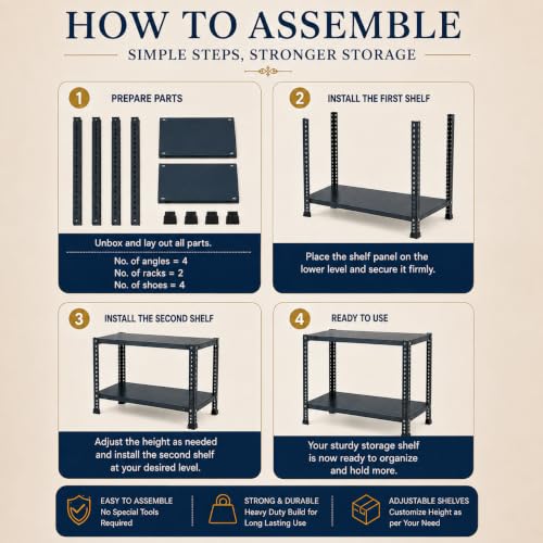 Image of Pure Source India Adjustable Iron Storage Rack, Blue | Matte Finish Multipurpose Shelving Unit for Home, Office, Kitchen, Gym & Utility Storage (2 Ft 2 Shelf)
