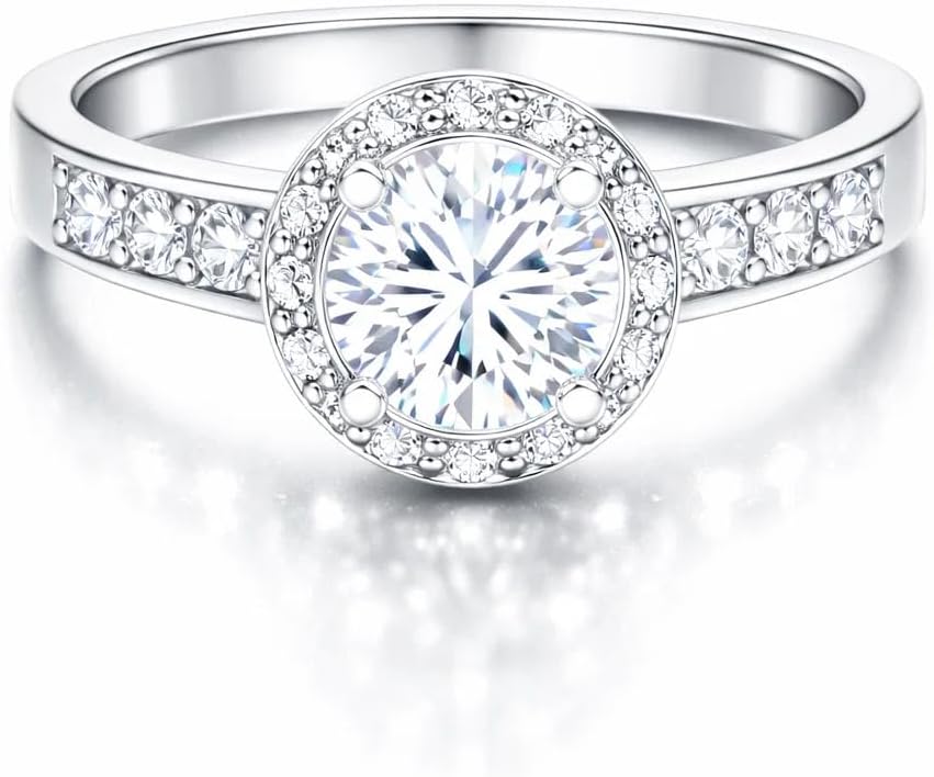 FAIRY COUPLE Round Cut Halo CZ Ring for Women – 18K White Gold Plated simulated Diamond Engagement Wedding Promise Ring, Looks Like Real Diamond Jewelry R67 - Image 3