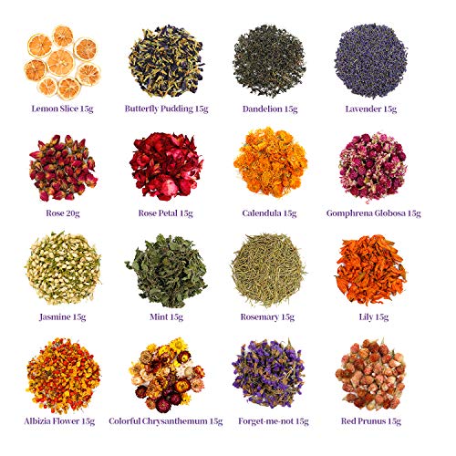 Dried Flowers - 245 g Natural Dried Flower Herbs Kit for Bath, Soap Making, Candle Making Includ 16 Flower Type - Pink Rose, Lily, Rose Petal, Lavender, Jasmine Flower Ect.(16 Bags / 0.5 oz Each)
