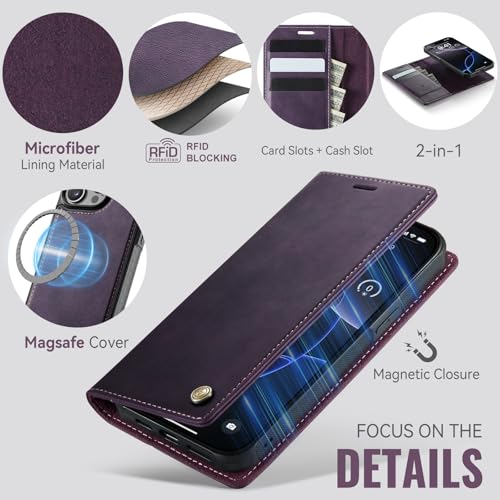 Image of Wallet Case for iPhone 13 Pro Compatible with Magsafe, 2-in-1 PU Leather Flip RFID Blocking Card Holder Stand Shockproof Magnetic Detachable Cover for iPhone 13 Pro Case 6.1 inch, Retro Purple