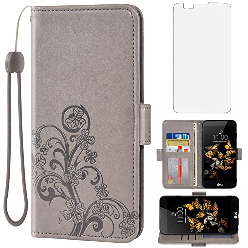 Asuwish Compatible with LG Phoenix 2/K7/Tribute 5/Escape 3/Treasure LTE/K8 2016 Wallet Case and Tempered Glass Screen Protector Flip Wrist Strap Credit Card Holder Cell Phone Cover for K371 K330 Grey