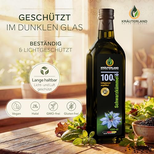 Kräuterland Schwarzkümmelöl 1L (1000ml), ungefiltert, Kaltgepresst, 100% Nigella Sativa, ohne Zusatz von Aromen, Frabstoffe & Konservierungsstoffe - direkt aus unsrer hessischen Ölmühle