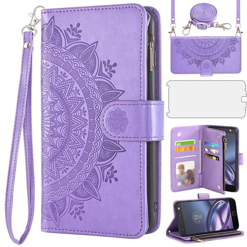 Asuwish Phone Case for Moto Z Force Wallet Cell Cover with Screen Protector Lanyard Wrist Strap Mandala Flower Zipper Card Holder Stand Motorola ZForce MotoZForce Droid XT1650 Women Girls Purple