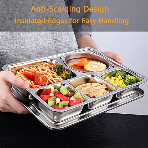 Bandeja de platos divididos, plato de acero inoxidable con 5 secciones para picnic, camping, hogar y uso diario (paquete de 80)