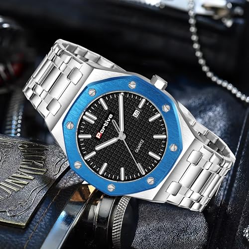 Image of Portive Quartz Watch for Men, Silver Stainless Steel Bracelet, Black Dial, Date Display, Octagonal Case