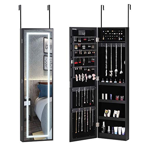 Casaria Schmuckschrank mit Spiegel LED Beleuchtung hängend Tür - Wandmontage Schmuckregal Schmuckkasten Schmuckorganizer Schwarz