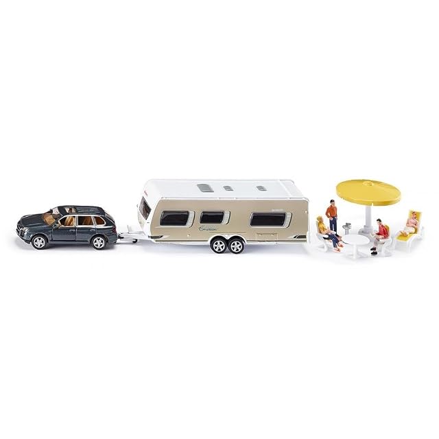 Siku 2542 Coche con Caravana y Accesorios, Incl. Figuras y Accesorios de Camping, 1:55, Metal/Plástico