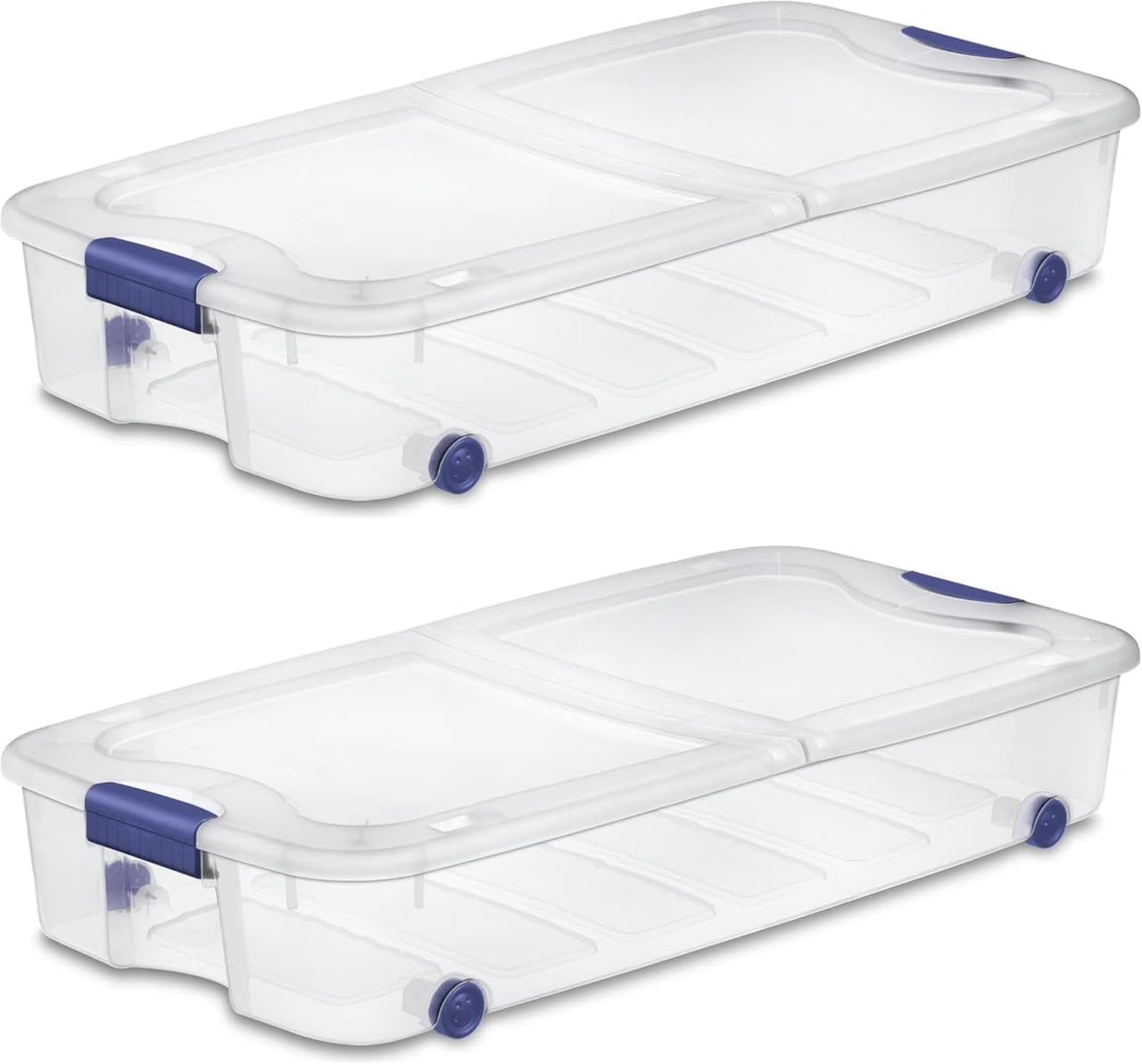 2-Pack of 66 Quart Storage Bins, Transparent Blue Underbed Containers featuring Secure Latching Lid and Smooth-Rolling Wheels, Value Bundle designed for Seasonal Storage