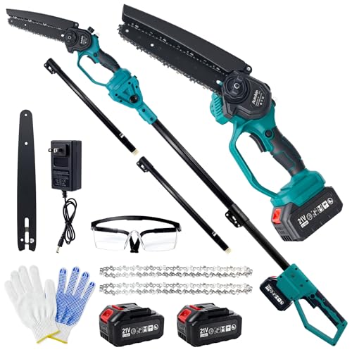 Image of 2-in-1 Cordless Pole Saw & 8'' Mini Chainsaw with Extension Pole for Tree Trimming (Cyan Blue-8inch4.0Ah)