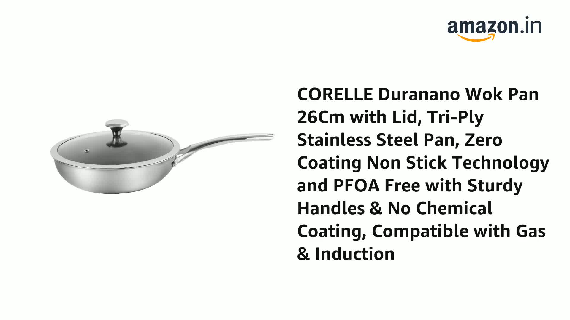 CORELLE Duranano Wok Pan 26Cm with Lid, Tri-Ply Stainless Steel