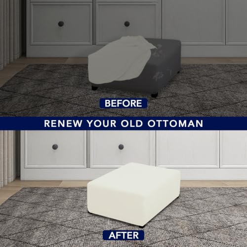 Image of PureFit Super Stretch Form Fit Ottoman Cover Rectangle - Ottoman Slipcovers for Foot Stool Cover & Folding Storage Slipcover for Living Room with Nonslip Elastic Bottom (Medium-L, Ivory)