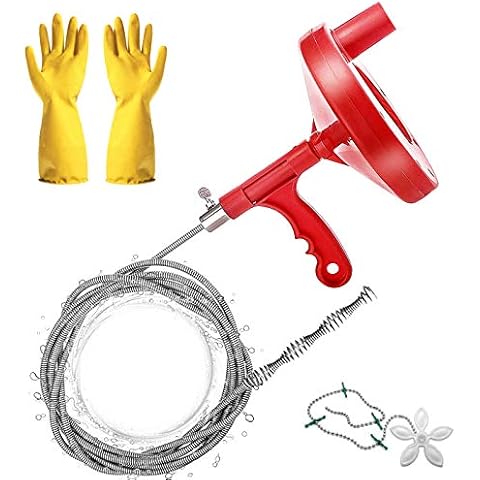 Heavy Duty Plumbers Snake, 7.7m Plumbing Snake Drain Auger, Hair Clog Remover Pipe Snake for Kitchen/Bathroom Sink/Bathtub Drain/Toilet, with Pipe Dredge Tool: Gloves and Shower Drain Protector Cover