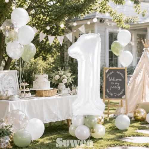 Image of SUWEN 40 Inch White Large 10 Balloon Number Big Foil Helium Numbers 0-9 | Giant Jumbo Happy 10th Birthday Party Decorations for Men or Women Huge Mylar Anniversary Party Supplies