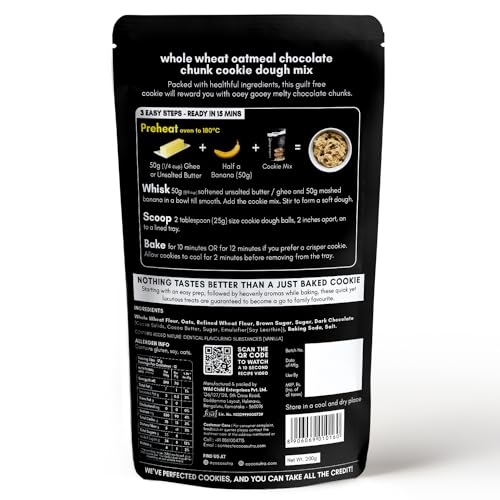 Image of Cocosutra Whole Wheat Oatmeal Chocolate Chunk Cookie Dough Mix, 220g | 100% Natural, Vegan, 3 Easy Steps, Whisk Scoop & Bake