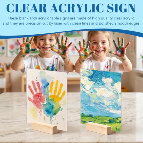 Image of Bercoor 5 Pack 5x7 Inch Blank Clear Acrylic Sign with Wooden Stands, Rectangle Top Acrylic Sheet, DIY Acrylic Rectangle Table Numbers for DIY Name Card Gifts Event Party Sign Decoration