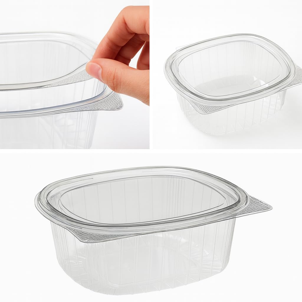 Tarrinas de Plástico OPS con Bisagra, 250 ml, Transparentes, Pack 100 Unidades, Recipientes Desechables para Comida Fría, Ensaladas, Postres, Hostelería y Take Away (250cc)