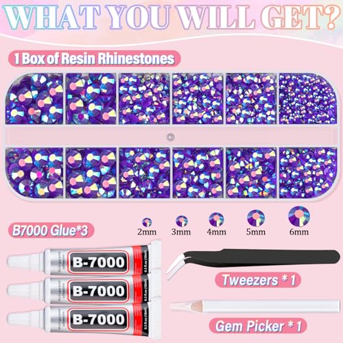 Image of Resin Rhinestones for Crafting with 3Pcs 10ml B7000 Jewelry Glue, 1 Box Dark Purple AB Flatback Gems Crystals Diamond for Bedazzling Crafts DIY Nail Art Makeup, Gems for Clothing Tumblers Shoes