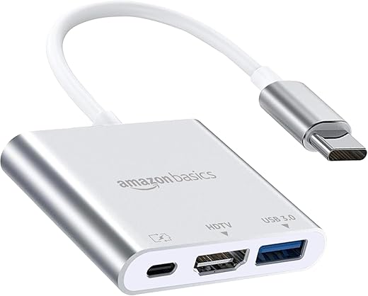 Amazon Basics 3-in-1 USB Type C to HDMI Adapter 4K@30Hz, 100W PD Fast Charging Port, USB A 3.0 @5Gbps Speed, MultiPort HUB for MacBook Pro Air, Windows, Laptop, Tablet, Smartphone & All Type C Devices