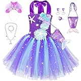 Topney Little Mermaid Tutu Dress for Girls - Princess Mermaid Ariel Costume with Headband,Bag,Necklace, Earring, Bracelet Purple 5T 5-6 Years