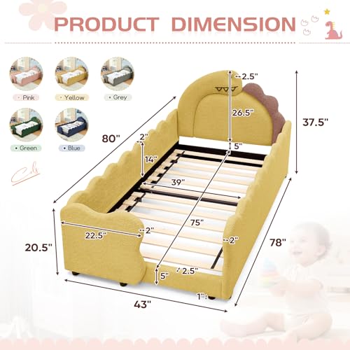 Image of Twin Size Kids Floor Bed Frame, Upholstered Montessori Platform Bed Cute Dinosaur-Shaped Daybed Frame for Girls Boys, No Box Spring Required, Yellow