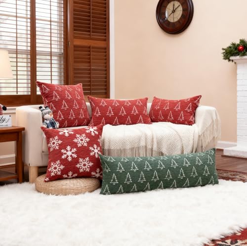 Image of 2 Pack Chenille Christmas Pillow Covers 12x20, Red Double-Sided Snowflake & Christmas Tree, Cozy Farmhouse Holiday Cushion Case, Decorative Throw Pillowcase for Sofa Couch Bed(Red,12x20)