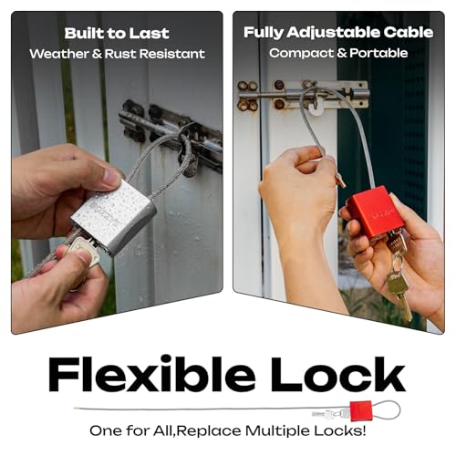 Cable Locks 1-Pack | Keyed Alike Adjustable Cable Padlock｜Len 3.28ft(1m) with 6 Same Keys/Set for Bikes, Gate, Lockers, Gun & Outdoor Gear | Weatherproof & Silver