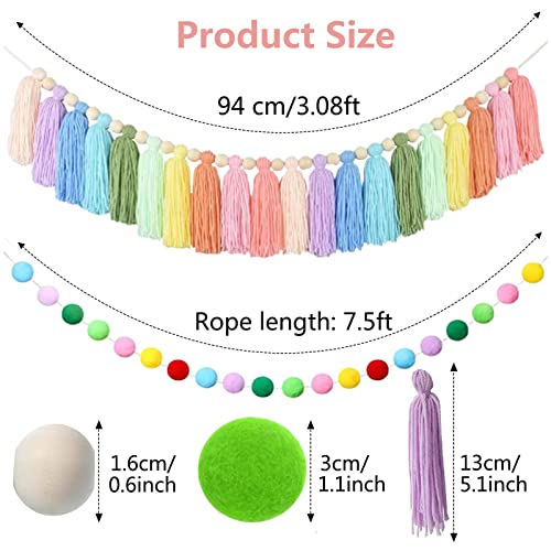 2 Pcs Boho Tassel Garland, Wall Hanging Decor Pastel Rainbow Tassel Banner With Wood Beads Pom Poms Balls For Home Party Baby Shower Supplies Girls Bedroom Nursery Room Classroom Decoration #TOP1