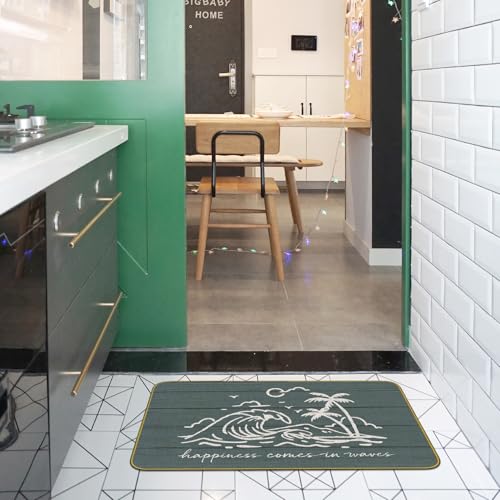 Mingnei Coastal Beach Welcome Doormat Door Mat for Home House Entrance, Happiness Comes in Waves Ocean Beach Floor Mats for Outdoor Outside Entryway Rug 30x17 Welcome Doormat Indoor - Image 4