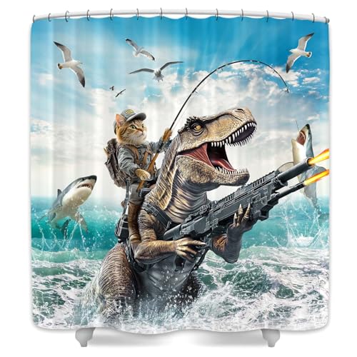 Image of Funny Cat Dinosaur Shower Curtains, Fun Cat Fishing Riding Dino Fighting on Blue Ocean Shower Curtain Sets with Hooks, Waterproof Fabric Kids Men Cool Bath Curtain for Bath Decor, 72x72 Inches