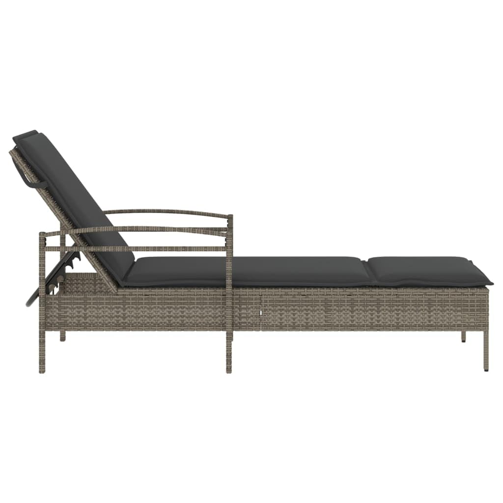 Polirattan Leżak ogrodowy z poduszką szary 63x200x81 cm regulowane oparcie 3 poziomów składany tarasowy z podłokietnikami PE rattan stal malowana proszkowo leżak zewnętrzny wygodny balkonu na basen