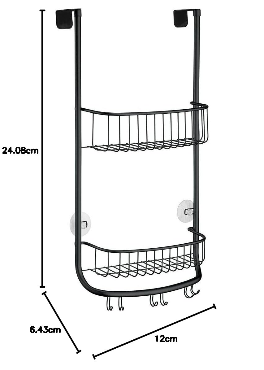 iDesign Organizador de ducha para colgar, pequeña estantería colgante de metal con 2 baldas y 3 ganchos dobles, cesta de ducha para la cabina de ducha, negro