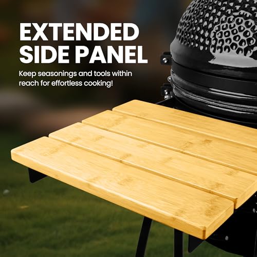 Image of London Sunshine 15-inch Ceramic Kamado Charcoal BBQ Grill & Smoker with Locking Casters, Foldable Side Shelves, Stainless Steel Grates, and Tall Stand (Black)