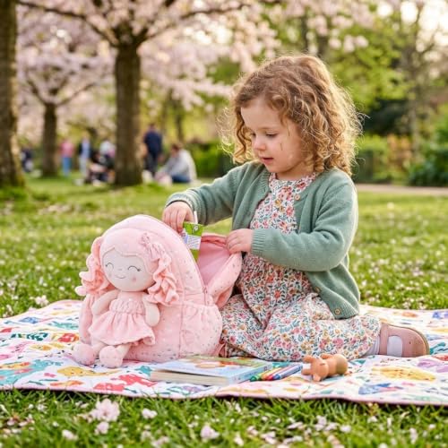 Image of Gloveleya Toddler Backpacks Baby Girl Gifts Curly Hair Plush Figures Dress Backpack - Silver Heart Accents in Pink 11''