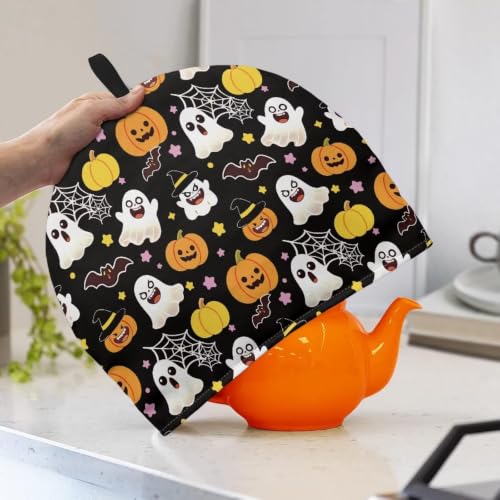 Image of Hudotybom Halloween Ghost Teapot Cozies Thermal Insulated Fabric Teapot Cozy Stain Resistant Tea Pots Covers with Hanging Loop Halloween Home Decor